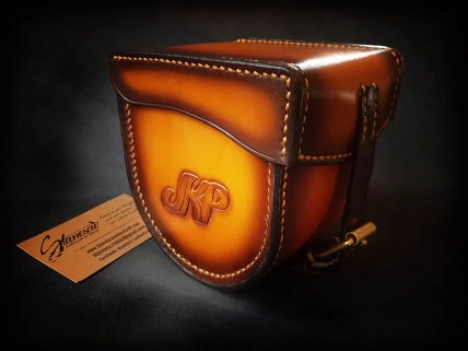 Initials on leather case for Hardy reel Initials on leather case for Hardy reel